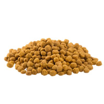 Pienso seco en forma de croquetas redondas, color marrón, apilado sobre fondo blanco. No se muestra envase ni marca visible.