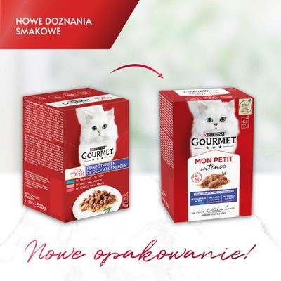 Porównanie starego i nowego opakowania Purina Gourmet Mon Petit Intense z tuńczykiem, łososiem i pstrągiem. Informacja o nowym doświadczeniu smakowym.