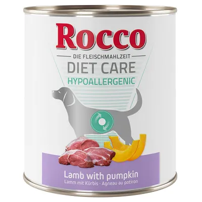 Консерва Rocco Diet Care Hypoallergenic для собак, ягнёнок с тыквой. Видны куски мяса и ломтики тыквы на упаковке. Текст: Lamb with pumpkin.