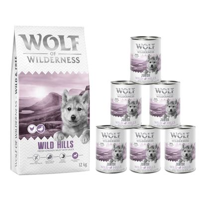 Wolf of Wilderness Wild Hills 12 kg száraz táp és 6 konzerv. Lila-fehér csomagolás, felirat: 100% grain-free recipe, Próbálja ki! narancssárga körben.
