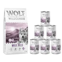 Wolf of Wilderness: 12 kg száraztáp + 6 x 400 g nedvestáp - Junior Wild Hills - kacsa (új recept)