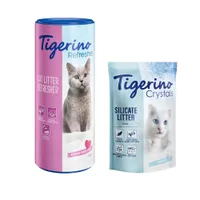 Tigerino Crystals alom + Tigerino Refresher - szagtalanító macskaalomhoz - Classic (5 l) + Babapúder illatú Refresher (700 g)