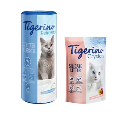 Tigerino Crystals alom + Tigerino Refresher - szagtalanító macskaalomhoz - Flower Power (5 l) + Gyapjúvirág illatú Refresher (700 g)