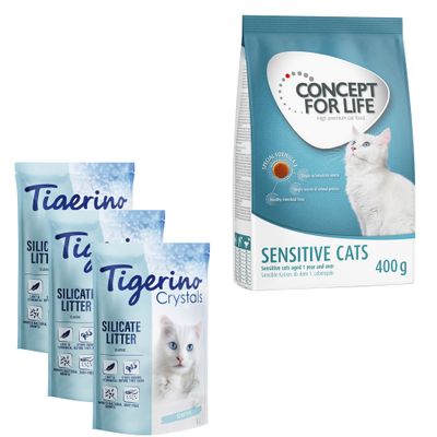 Tigerino Crystals Silicate Litter Sensitive 5 l macskaalom és Concept for Life Sterilised Cats 400 g macskaeledel csomag, piros százalékos akciójelzéssel