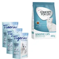Próbacsomag: 3 x 5 l Tigerino Classic Crystals alom + 400 g Concept for Life - Tigerino + Sensitive Cats 