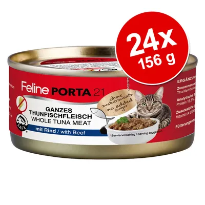 Feline Porta 21 Whole Tuna Meat with Beef kissanruoka, 24 x 156 g. Teksti: ohne zuckerzusatz no added sugar. Kuvassa myös kissa ja ruokakuppi.