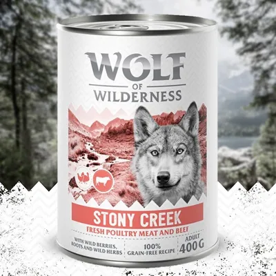 Wolf of Wilderness Stony Creek, świeży drób i wołowina, z jagodami, korzeniami i ziołami, 100% bezzbożowa receptura, Adult, 400g.