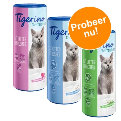 Tigerino Refresher Cat Litter Refresher, drie varianten: baby powder, fresh cotton, spring meadow. Tekst op oranje cirkel: Probeer nu!