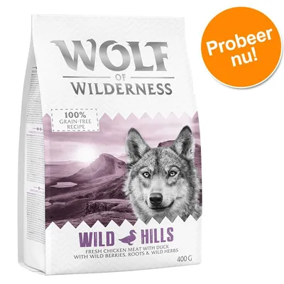 Wolf of Wilderness Wild Hills, 100% grain-free recipe, fresh chicken meat with duck, with wild berries, roots & wild herbs, 400 g. Probeer nu!