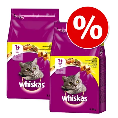 Duas embalagens de ração seca Whiskas 1+ para gatos, 3,8 kg cada, com imagem de gato e símbolo de percentagem em vermelho a indicar promoção.