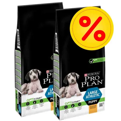 Dos sacos de pienso Purina Pro Plan Large Athletic Puppy con oferta destacada. Visible texto: OPTISTART, rico en pollo, información nutricional y símbolos de beneficios.