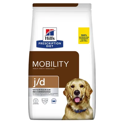 Hill's Prescription Diet Mobility j/d hondenvoer, 100% satisfaction guarantee or your money back, veterinarian recommended, afbeelding van een hond op de verpakking. Hill's Prescription Diet Mobility j/d hondenvoer, 100% satisfaction guarantee or your money back, veterinarian recommended, afbeelding van een hond op de verpakking.