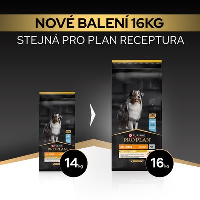 Purina Pro Plan All Sizes Adult: nové balení 16, kg, dříve 14, kg. Receptura zůstává nezměněna.