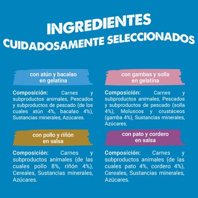 Resumen de ingredientes: con atún y bacalao en gelatina, con gambas y platija en gelatina, con pollo y riñón en salsa, con pato y cordero en salsa. Composición indicada para cada variedad.
