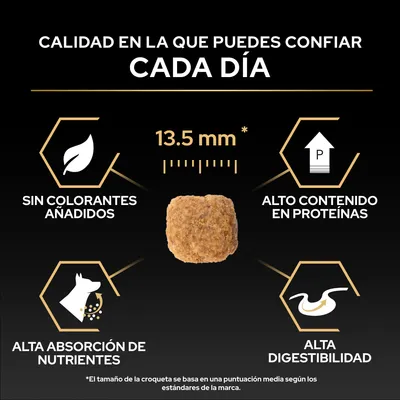 Tamaño de croqueta 13,5 mm, sin colorantes, alto contenido de proteínas, alta absorción de nutrientes, alta digestibilidad. Calidad en la que puede confiar cada día. Tamaño de croqueta 13,5 mm, sin colorantes, alto contenido de proteínas, alta absorción de nutrientes, alta digestibilidad. Calidad en la que puede confiar cada día.