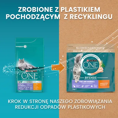 ZROBIONE Z PLASTIKIEM POCHODZĄCYM Z RECYKLINGU. KROK W STRONĘ NASZEGO ZOBOWIĄZANIA REDUKCJI ODPADÓW PLASTIKOWYCH. PURINA ONE BIFENSIS COAT AND HAIRBALL.
