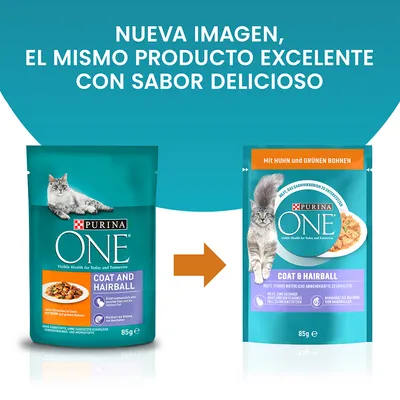 Comparativa de envases de Purina ONE Coat & Hairball 85 g para gatos. Texto: 'Nueva imagen, el mismo producto excelente con sabor delicioso'.