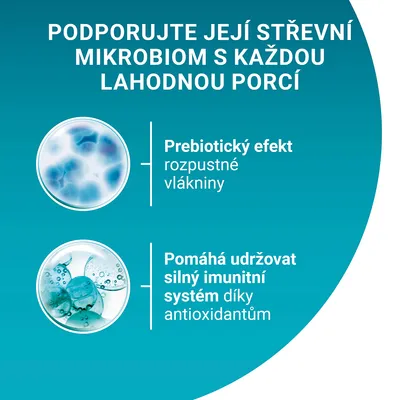 Text v češtine: Podporujte její střevní mikrobiom s každou lahodnou porcí. Prebiotický efekt rozpustné vlákniny. Pomáhá udržovat silný imunitní systém díky antioxidantům.