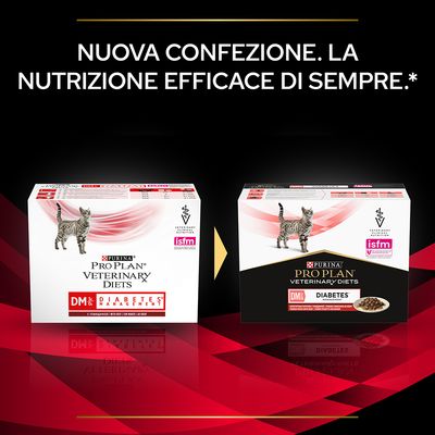Nuova confezione Purina Pro Plan Veterinary Diets DM Diabetes Management per gatti, due scatole a confronto con testo: 'NUOVA CONFEZIONE. LA NUTRIZIONE EFFICACE DI SEMPRE.'