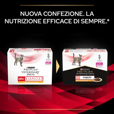 Nuova confezione Purina Pro Plan Veterinary Diets DM Diabetes Management per gatti, due scatole a confronto con testo: 'NUOVA CONFEZIONE. LA NUTRIZIONE EFFICACE DI SEMPRE.'