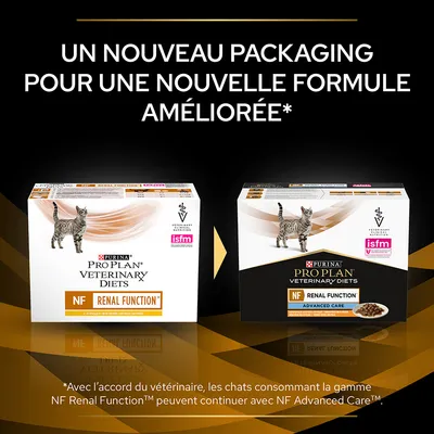 Nouveau packaging et nouvelle formule pour PURINA PRO PLAN VETERINARY DIETS NF Renal Function, boîtes montrant l’ancienne et la nouvelle version avec logos vétérinaire et isfm visibles.