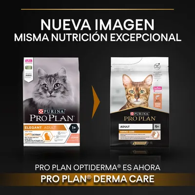 Cambio de imagen en el envase de Purina Pro Plan para gatos adultos 1+, de Optiderma a Derma Care, con texto: 'Nueva imagen, misma nutrición excepcional'.