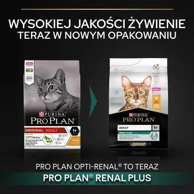 Porównanie starego i nowego opakowania karmy Purina Pro Plan dla kotów dorosłych 1+, zmiana nazwy z Opti-Renal na Renal Plus, widoczne teksty: Original Adult, Renal Plus.