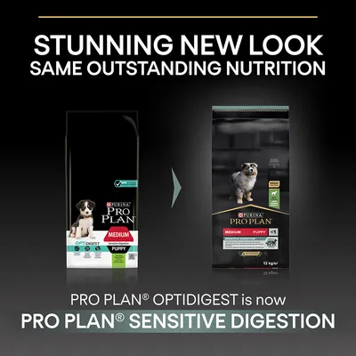 PRO PLAN OPTIDIGEST on nyt PRO PLAN SENSITIVE DIGESTION. Kuvassa kaksi koiranruokapakkausta: vanha ja uusi ulkoasu, molemmissa teksti MEDIUM PUPPY Sensitive Digestion.