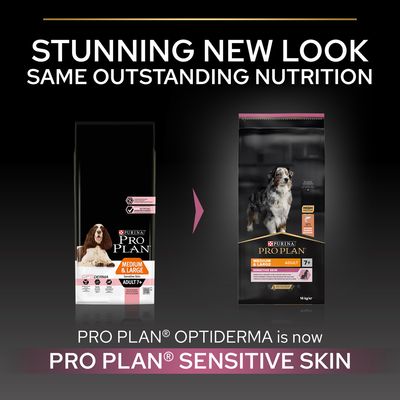 Promjena izgleda pakiranja: Purina Pro Plan Medium & Large Adult 7+ Optiderma sada je Pro Plan Sensitive Skin. Tekst na engleskom jeziku.
