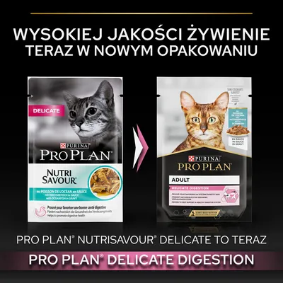Purina Pro Plan Nutrisavour Delicate zmienia nazwę i opakowanie na Purina Pro Plan Adult Delicate Digestion. Informacja o wysokiej jakości żywieniu w nowym opakowaniu.