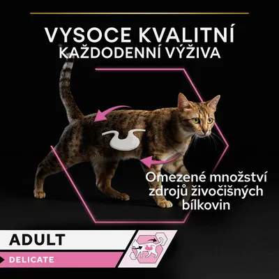Vysocé kvalitní každodenní výživa, omezené množství zdrojů živočišných bílkovin, ADULT DELICATE, obrázek kočky s grafickými prvky.