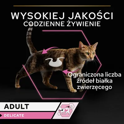 Wysokiej jakości codzienne żywienie. Ograniczona liczba źródeł białka zwierzęcego. ADULT DELICATE.