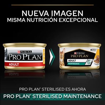 Cambio de imagen en latas Purina Pro Plan Adult: antes etiqueta roja, ahora diseño blanco y negro con texto 'ADULT MAINTENANCE'. Mismo producto, nueva presentación.