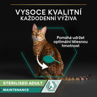 Text: VYSOCE KVALITNÍ KAŽDODENNÍ VÝŽIVA, Pomáhá udržet optimální tělesnou hmotnost, STERILISED ADULT MAINTENANCE. Obrázok mačky s grafickým zvýraznením tela.