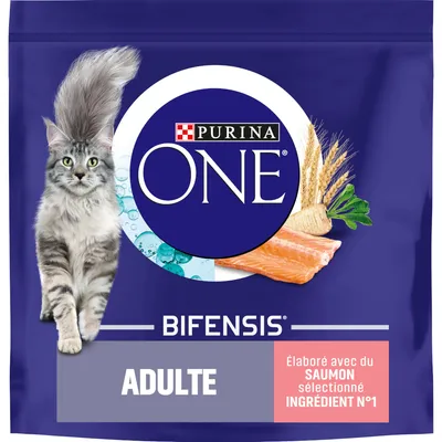 Purina ONE Bifensis ADULTE, widoczny łosoś, zboża, pietruszka. Tekst: Élaboré avec du saumon sélectionné ingrédient n°1 (francuski). Opakowanie karmy dla kotów.