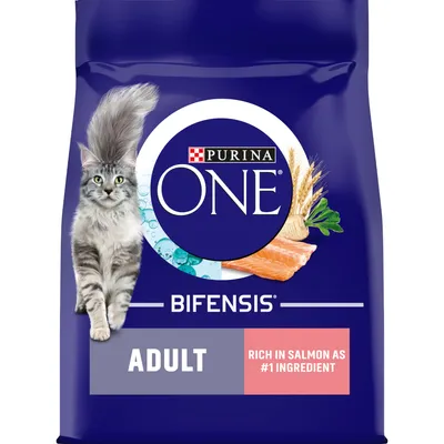 Purina ONE Bifensis Adult, rich in salmon as number one ingredient, shown with a cat and images of salmon, wheat, and herbs on the packaging.