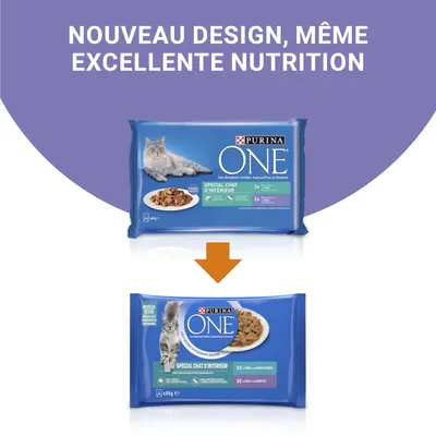 Comparaison de l’ancien et du nouveau design du paquet Purina ONE Spécial Chat d’Intérieur, texte : Nouveau design, même excellente nutrition.