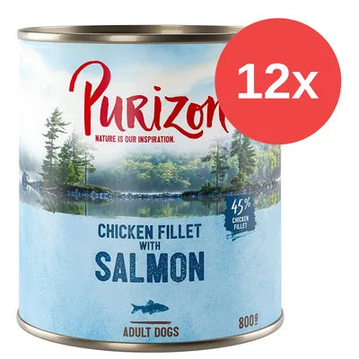 Lata de Purizon Chicken Fillet with Salmon para perros adultos, 800 g, 45 % chicken fillet. Pack de 12 unidades indicado en círculo rojo.