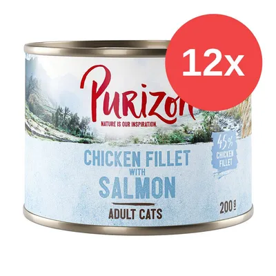 Purizon Chicken Fillet with Salmon per gatti adulti, 45% chicken fillet, 200 g, confezione da 12x. Testo visibile: Nature is our inspiration.