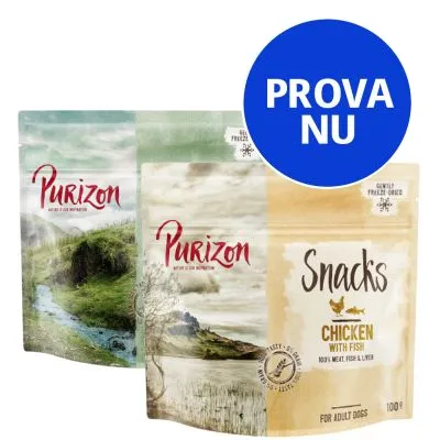 Purizon Snacks Chicken with Fish, 100 g, för vuxna hundar. Text: 'PROVA NU' i blå cirkel. Synliga påsar med varumärket Purizon och produktnamn.