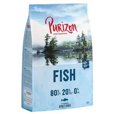 Purizon FISH, 80 % poisson et huile de poisson, 20 % fruits/légumes/herbes, 0 % céréales, 40 % high quality protein, ADULT DOGS, sac de 1 kg. Texte en anglais.