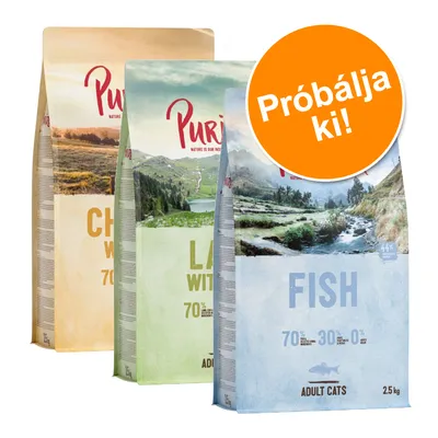 Purizon macskaeledel csomagok: Chicken, Lamb, Fish. 2,5 kg. Narancssárga körben: Próbálja ki! Látható feliratok: 70 %, 30 %, 0 %, Adult Cats.