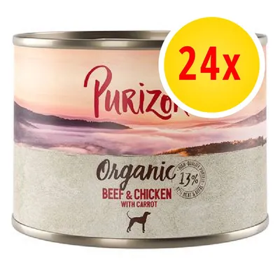 Purizon Organic Beef & Chicken with Carrot, 13%, confezione da 24x. Testo visibile sulla lattina di cibo per cani.