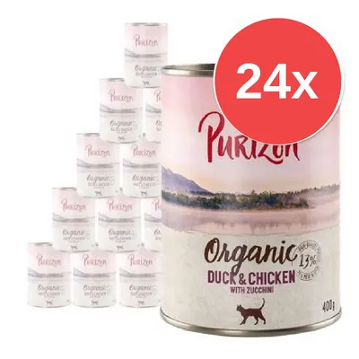 24x Purizon Organic Duck & Chicken with Zucchini, 400 g. Testo visibile: 13%. Immagine di più lattine di alimento per gatti.