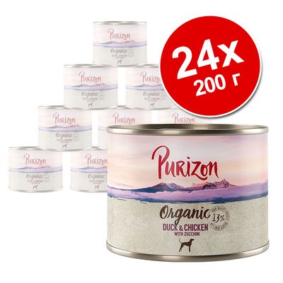 24 банки по 200 г Purizon Organic Duck & Chicken with Zucchini, надпись на упаковке: 13% meat & sinew. Видны изображения банок с логотипом и названием продукта.