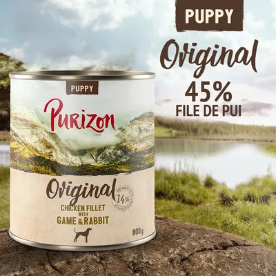 Conservă Purizon Puppy Original, 45% file de pui, chicken fillet with game & rabbit, 800 g. Text vizibil: 14% high-quality ingredients, puppy. Conservă Purizon Puppy Original, 45% file de pui, chicken fillet with game & rabbit, 800 g. Text vizibil: 14% high-quality ingredients, puppy.