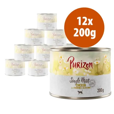 12 lattine Purizon Single Meat Chicken with Chamomile Blossoms per gatti, 200 g ciascuna. Testo visibile: 'Purizon', 'Single Meat', 'Chicken with Chamomile Blossoms', '200g'. 12 lattine Purizon Single Meat Chicken with Chamomile Blossoms per gatti, 200 g ciascuna. Testo visibile: 'Purizon', 'Single Meat', 'Chicken with Chamomile Blossoms', '200g'.