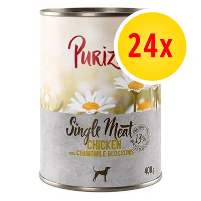 Purizon Single Meat Chicken with Chamomile Blossoms, confezione da 24x400g. Testo visibile: 13% e silhouette di cane.