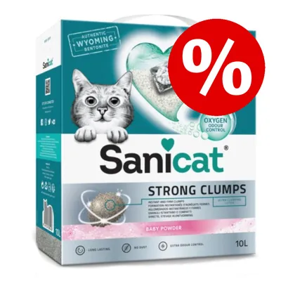 Sanicat Strong Clumps arena para gatos con aroma a talco para bebé, 10L. Características: duradera, sin polvo, control extra de olores. Símbolo de descuento visible.