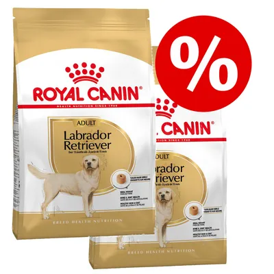Royal Canin Adult Labrador Retriever kutyatáp csomag, két zacskó, elöl nagy piros százalékjel látható a kedvezmény jelzésére.